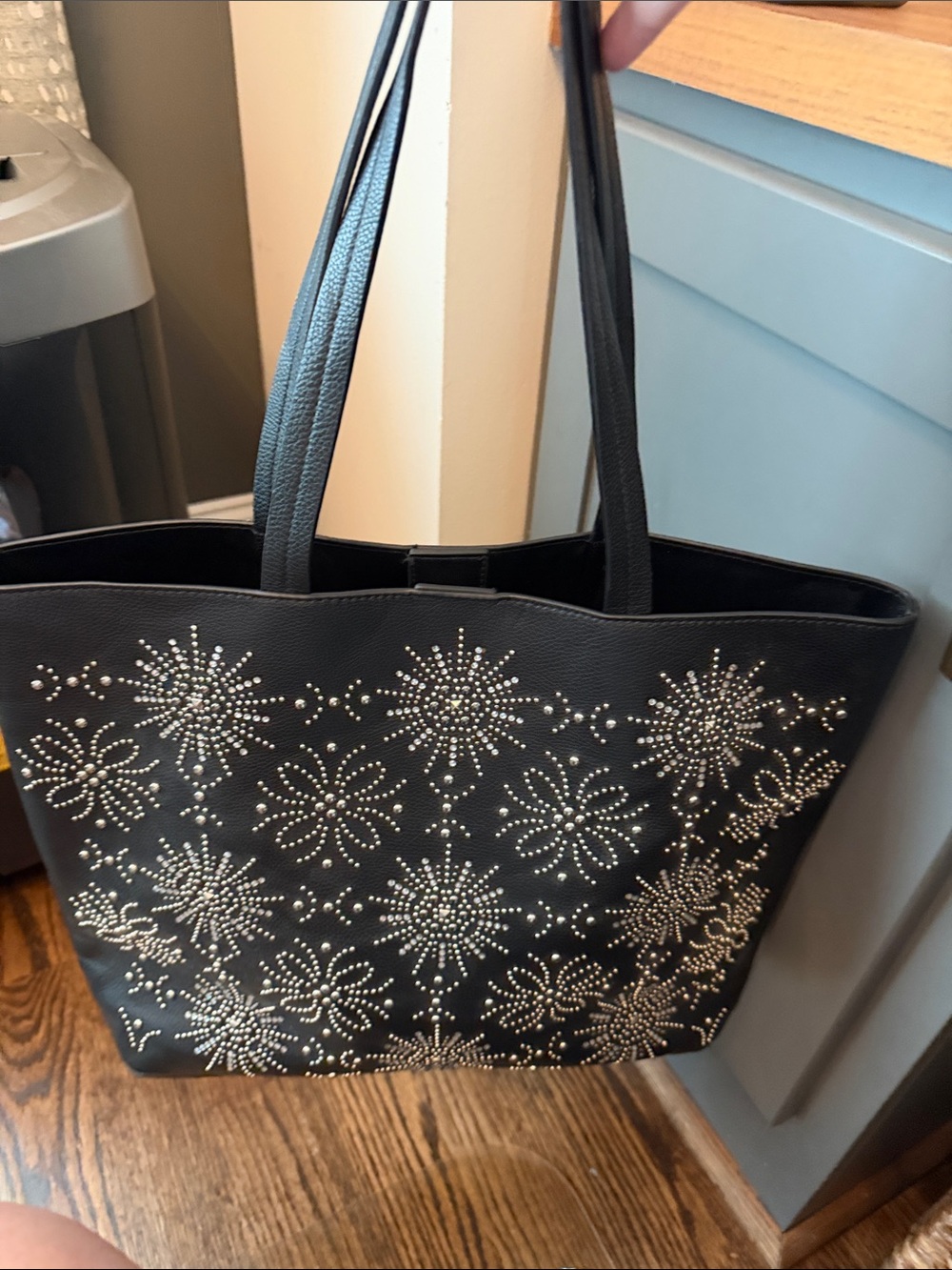 Chelsea28 Black Tote with Silver Stud Floral Design